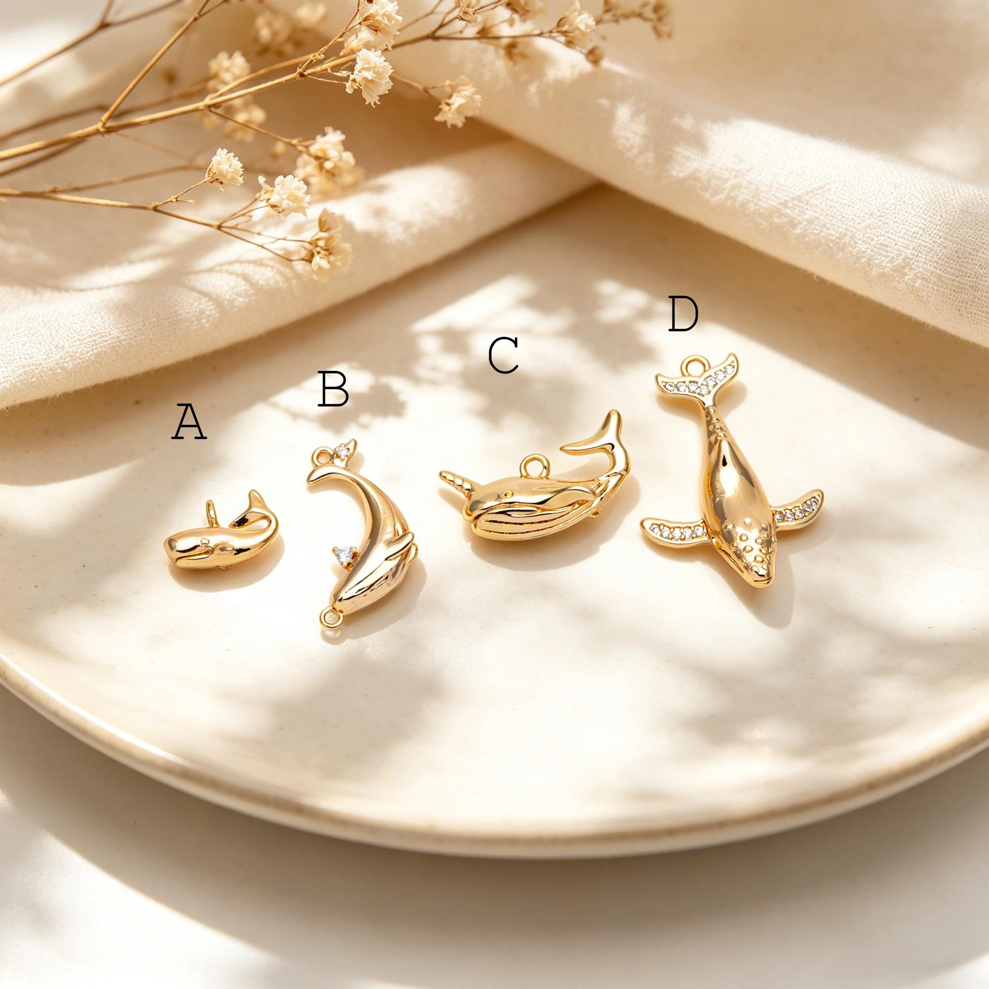 4pcs CZ Pave Gold Whale charm, 18K Real Gold plated Brass, 3D Whale Charm, Whale pendant (GB-2560)